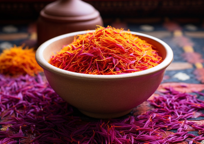 saffron seeds in a white bowl on a dark tile floor