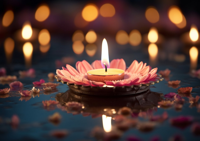 a diya floating in a pool of water