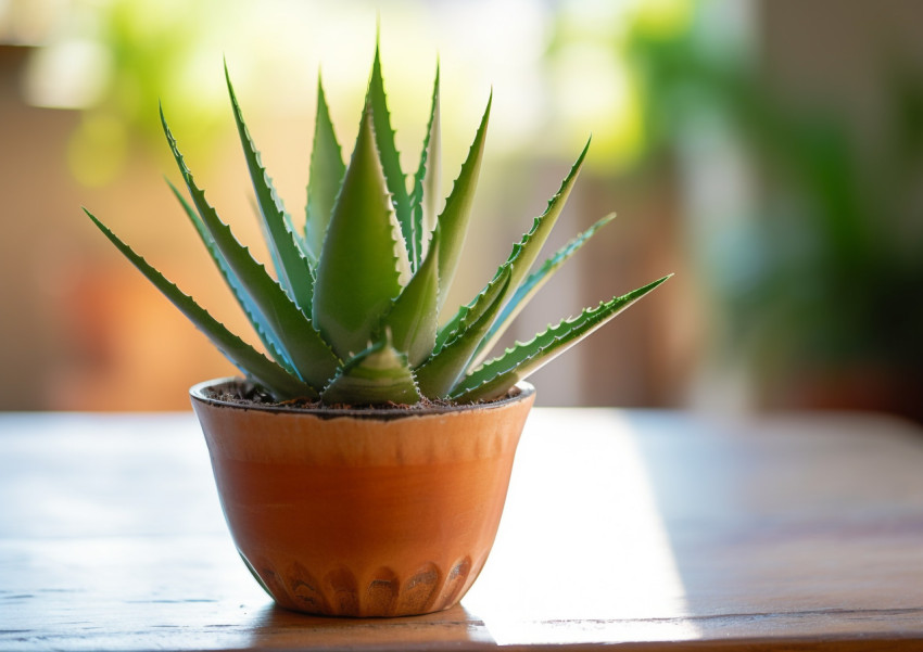 Potted Aloe Vera Plant on Wooden Table Potted Aloe Vera Plant on Wooden Table