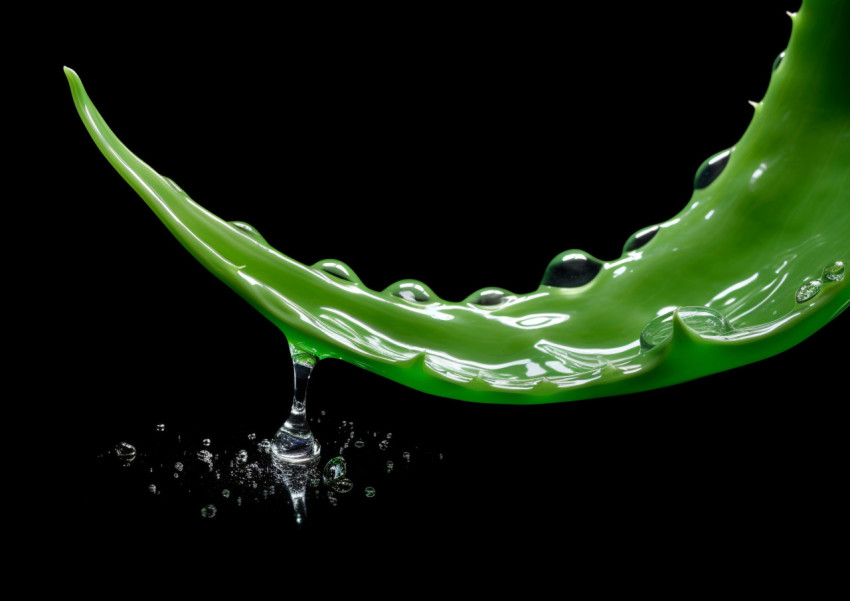 a green aloe vera leaf is shown dropping water