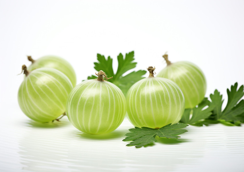 three green Gooseberries in front of a white background