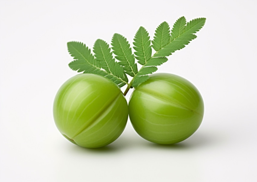 two green amla on a white background with leaves