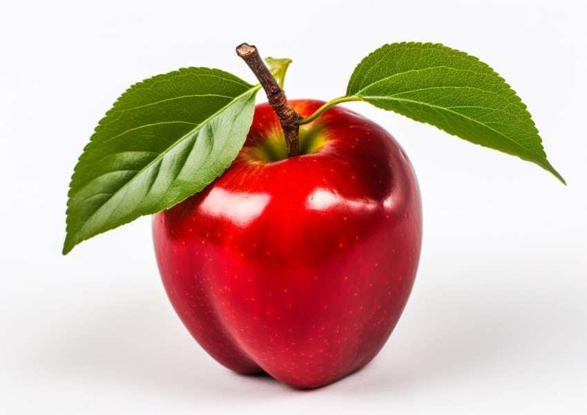 red apple with leaves on top of a white background