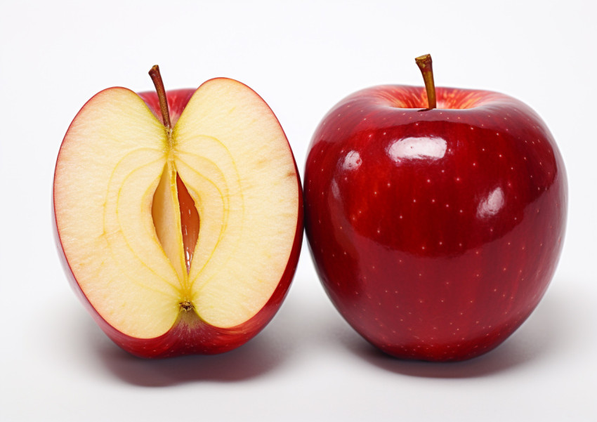 red apples cut in two slice on white background