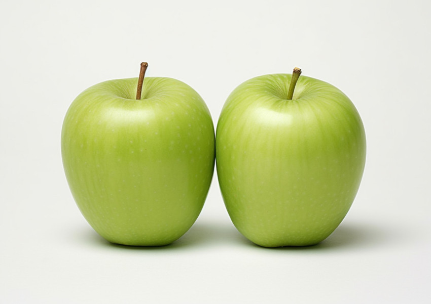 two green apples with one cut in half and one on a white backgro