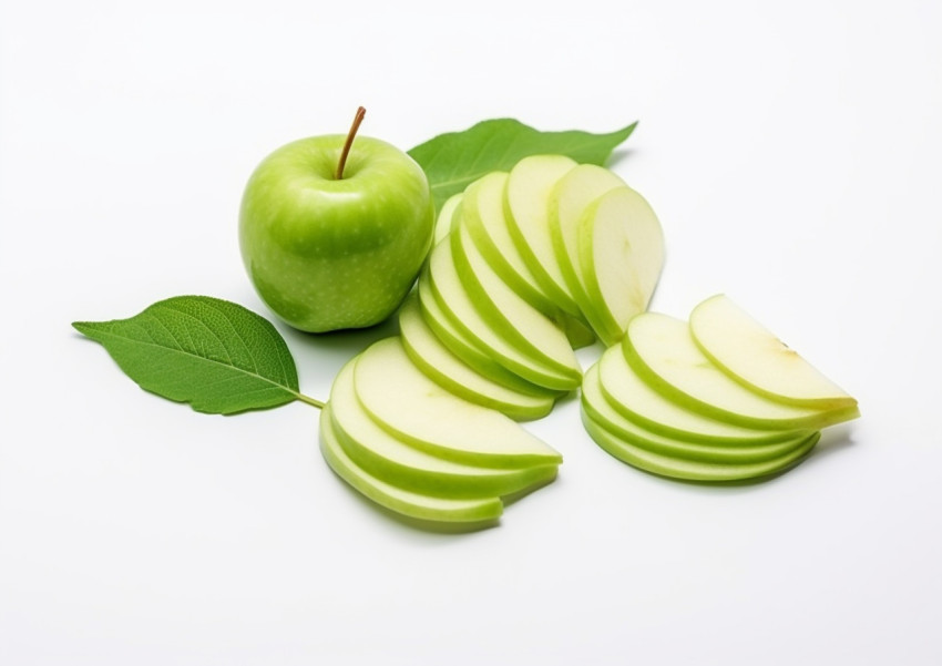 cut green apple slices with green leaf and leaf