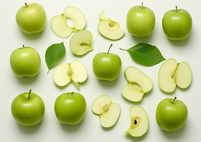 different fresh slices of green apples with various leaves