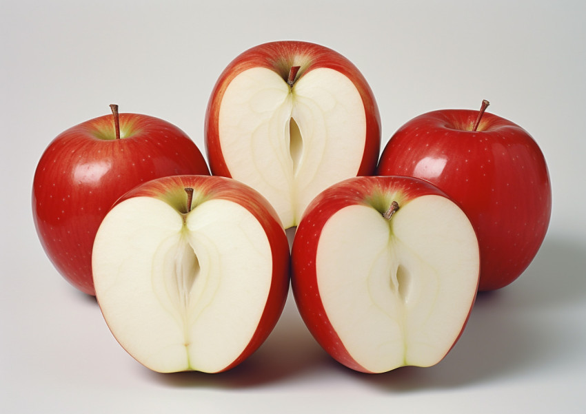 four apples with slices with white backgrounds