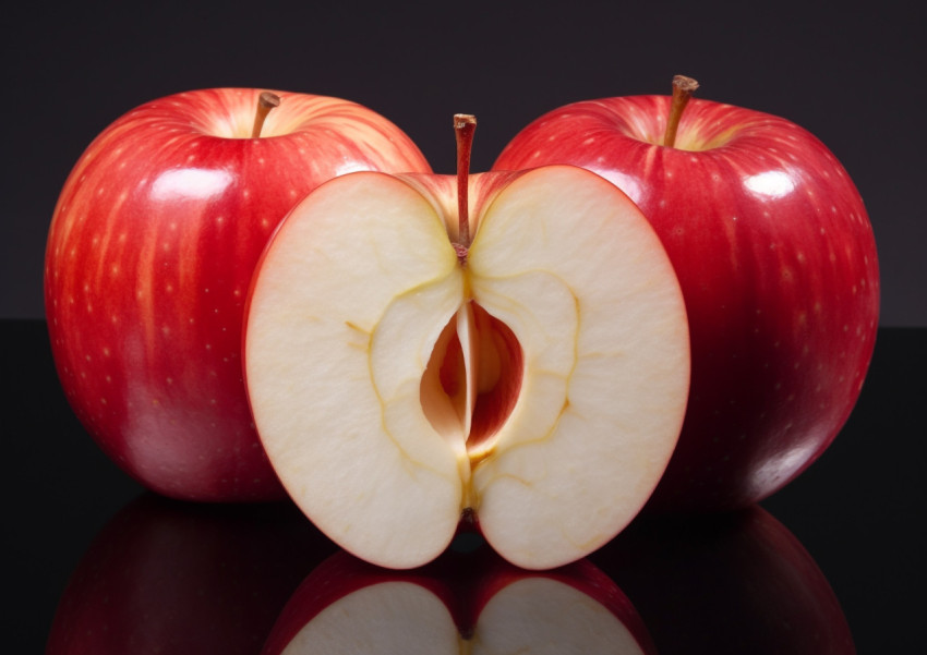 four pieces of ripe red apple