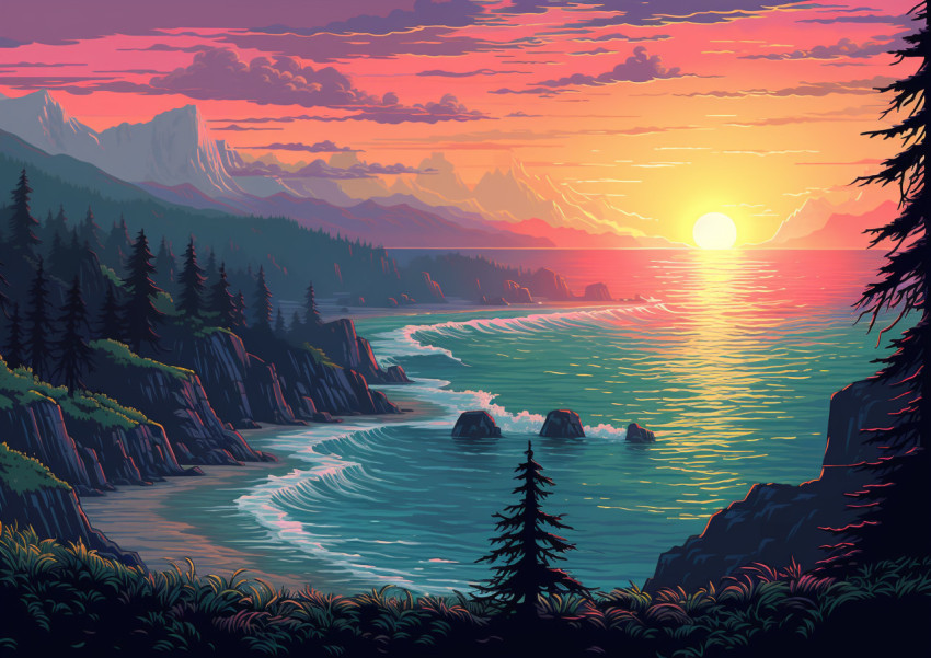 pixel art artwork at sunset
