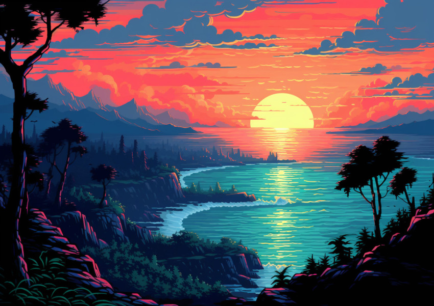 Pixel Art Sunset Landscape