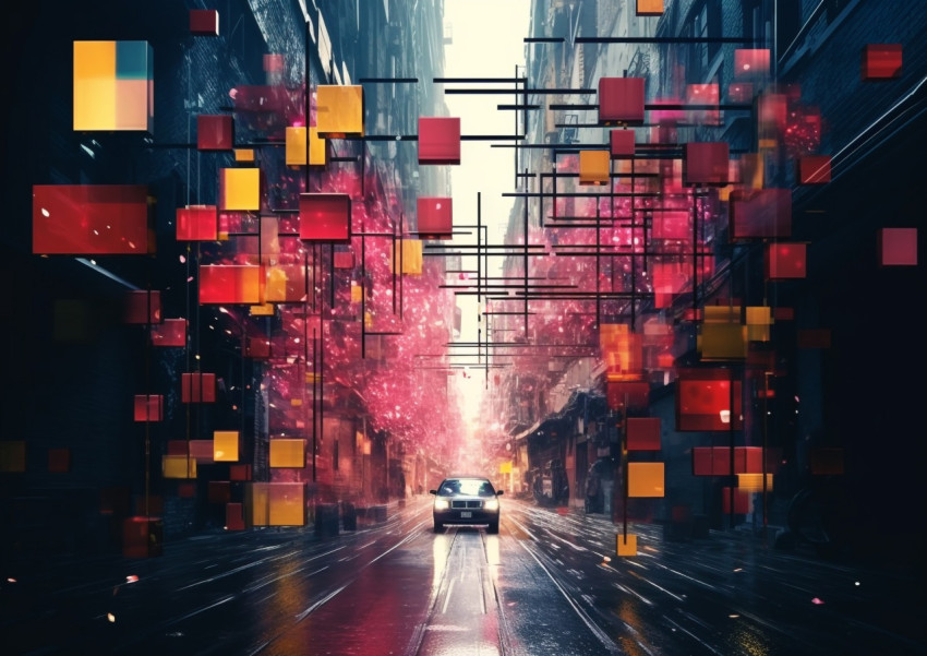 a digital painting on the street with colorful blocks