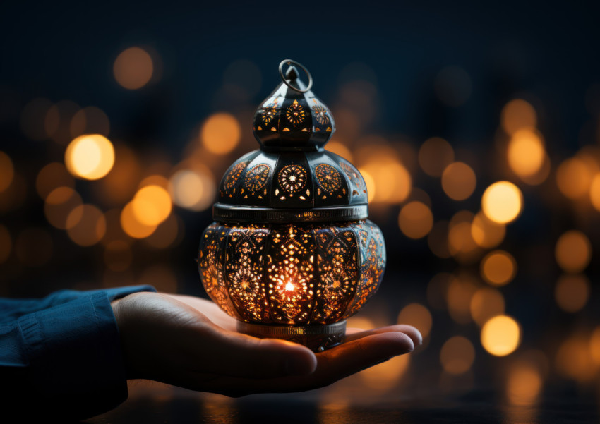 Hand holding lantern brings warm light to a dark room