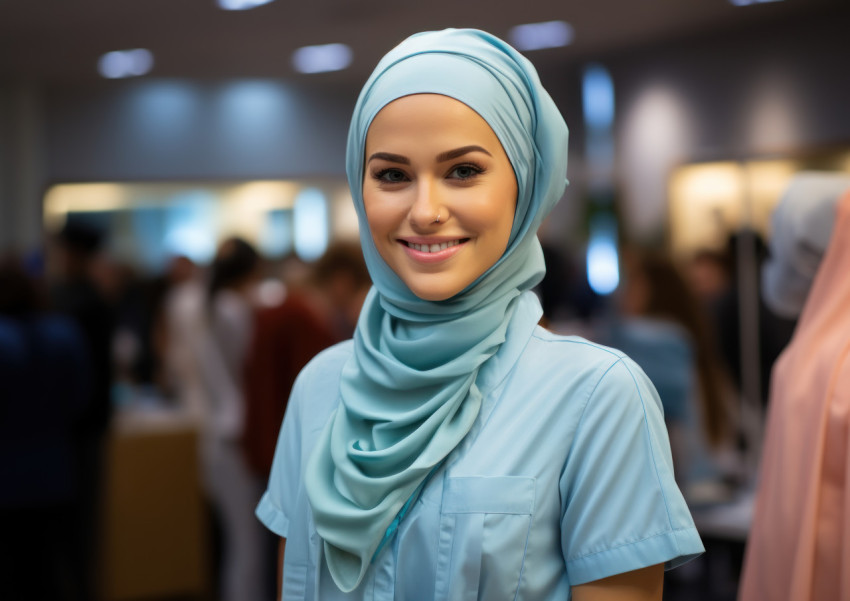 Compassionate muslim nurse smiles brightly arms crossed in pride