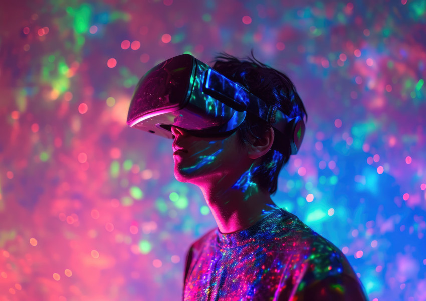 Virtual reality experience with a man on digital backdrop