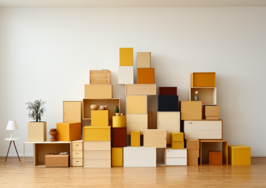 Various boxes in a creative arrangement stand in front of a white wall