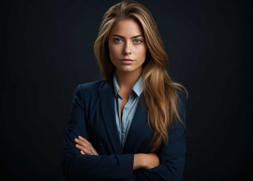 A businesswoman stands confidently arms crossed on a black backdrop