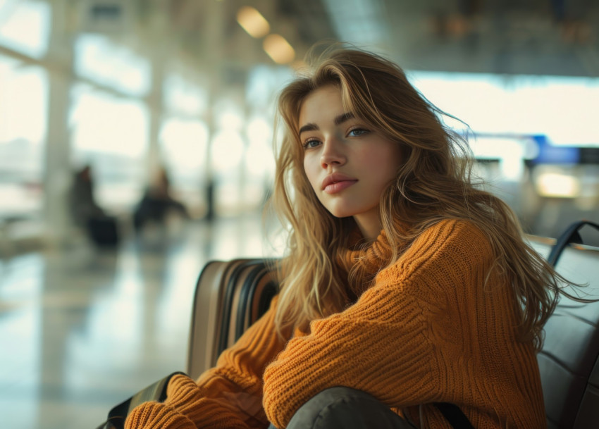 Woman with luggage waiting at the airport for her journey