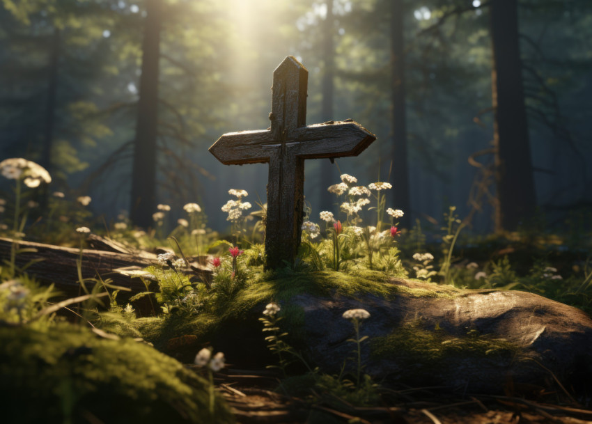 Wooden surface with a cross on top in stone