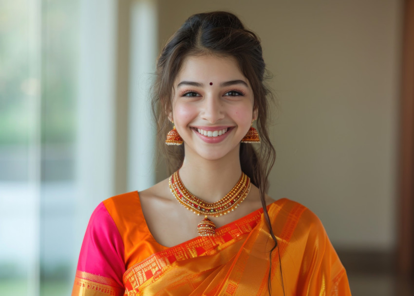 A young woman in a marathi saree exuding happiness