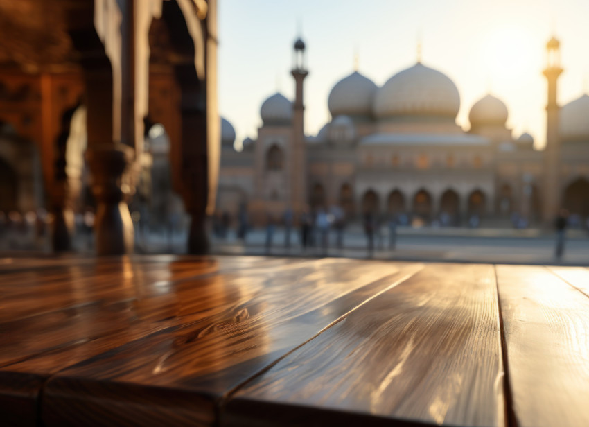 Minimalist composition of a mosque on a rustic wooden surface