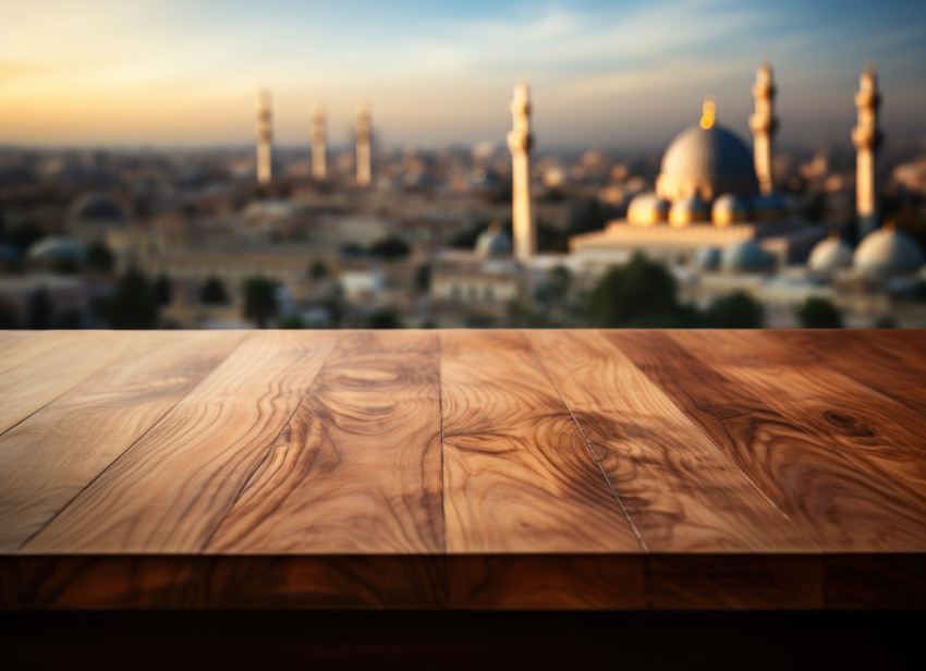 A minimalist wooden table set against the backdrop of a peaceful mosque