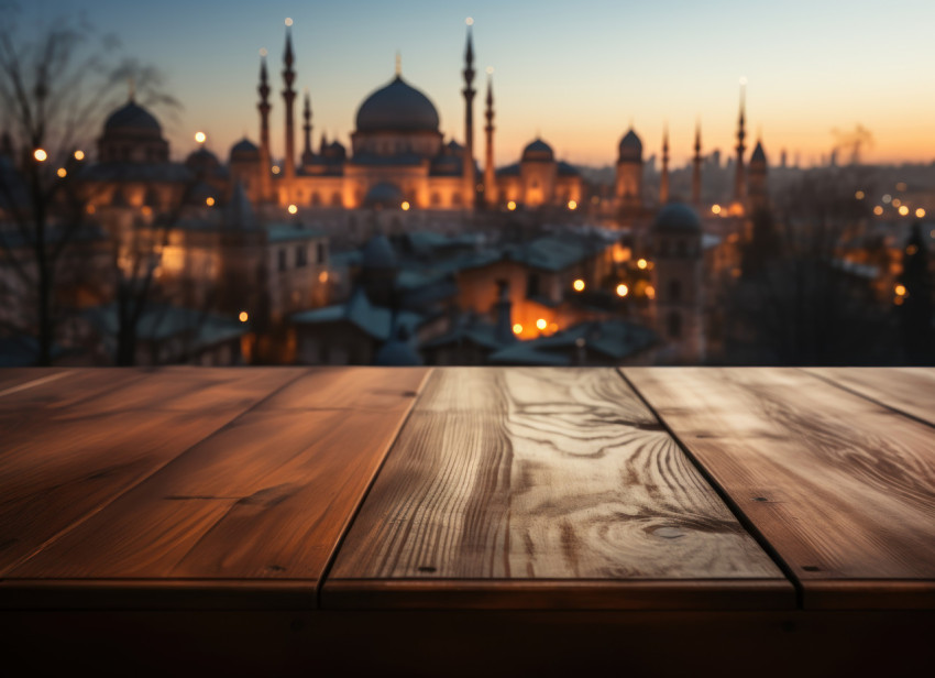 A peaceful wooden table with a distant mosque view