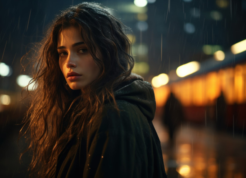 A young woman confidently strolls by trains at night