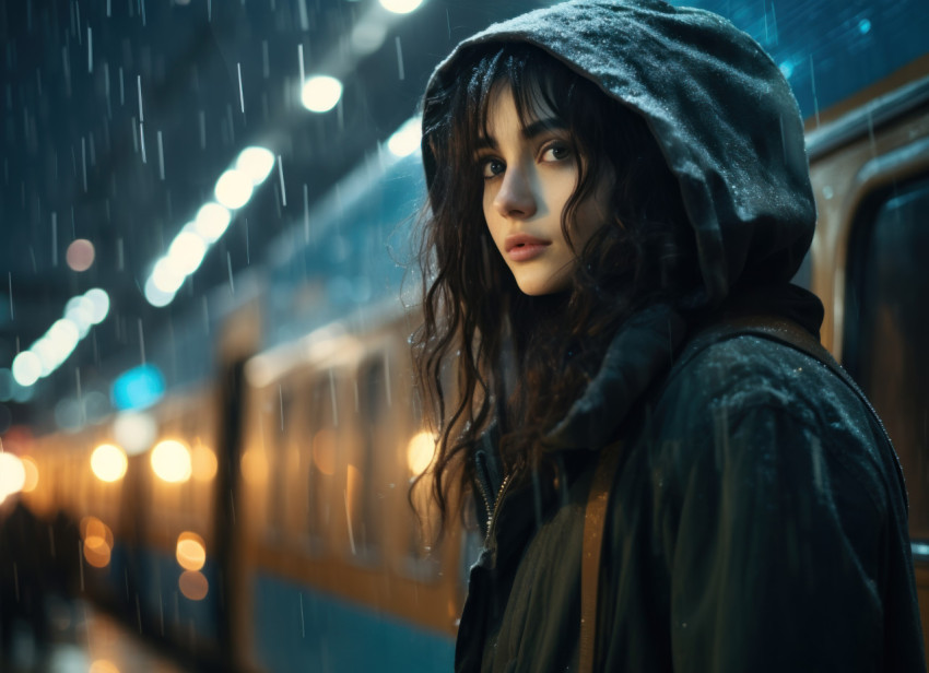 A girl in the rain beside a train