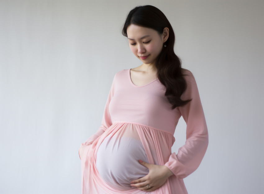 a pregnant lady with her belly against a white background