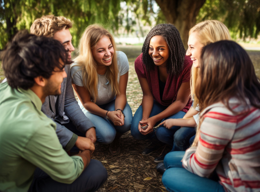 a group of friends sitting in a circle holding hands and talking