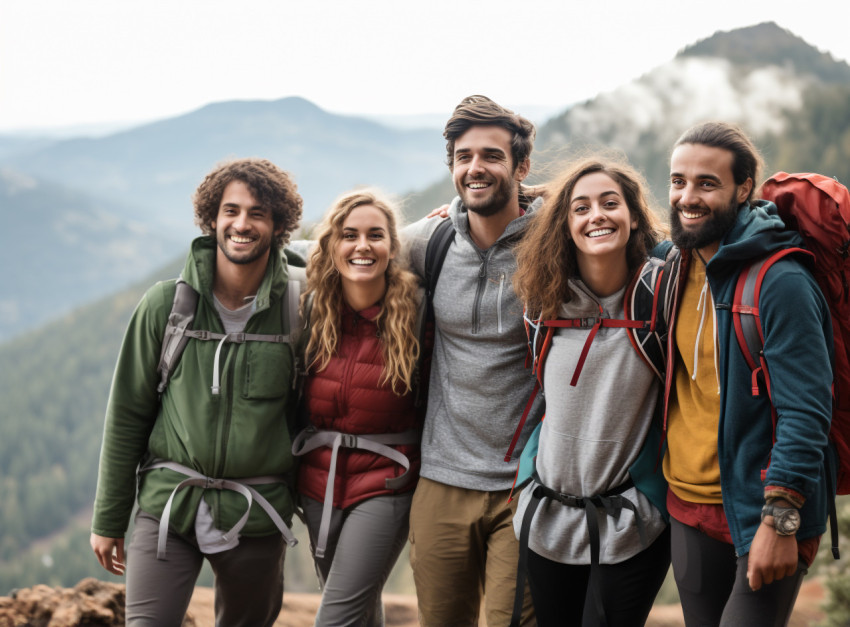 a group of friends hiking together in the mountains