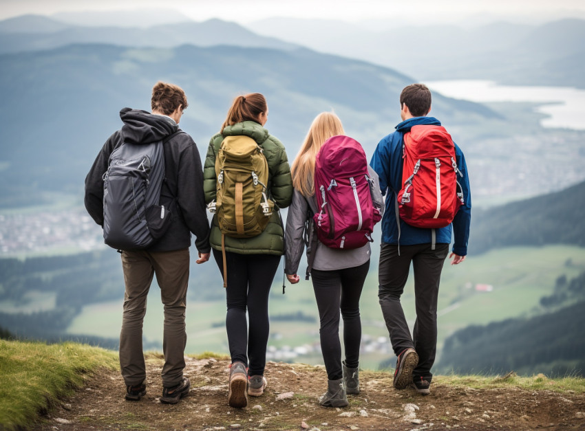 Friends hike through the mountains