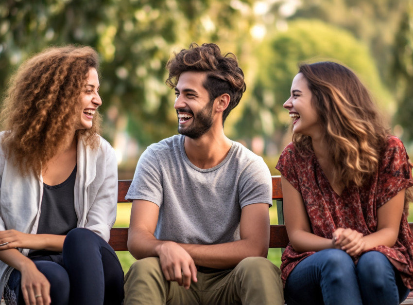 a group of friends sitting on a bench in the park