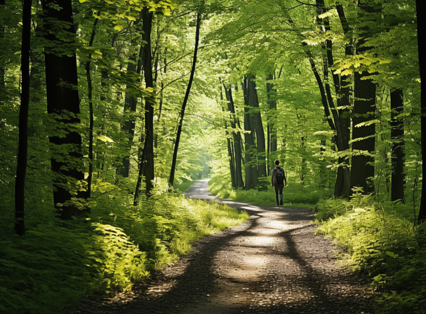 Person Walking in Lush Forest