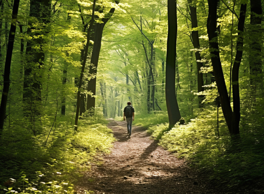 Hiker Trekking Through Dense Woods