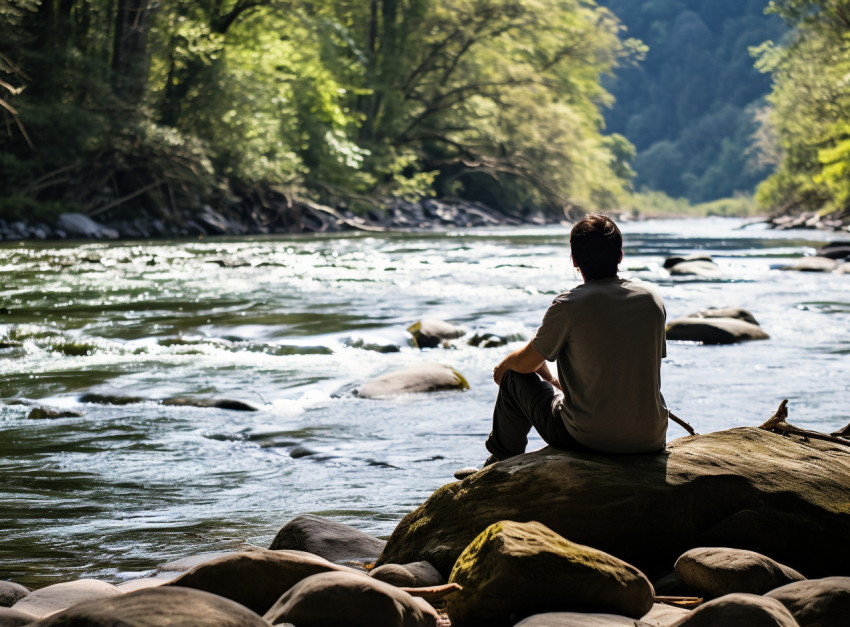 a person sitting on a rock by a river enjoying the sound of the