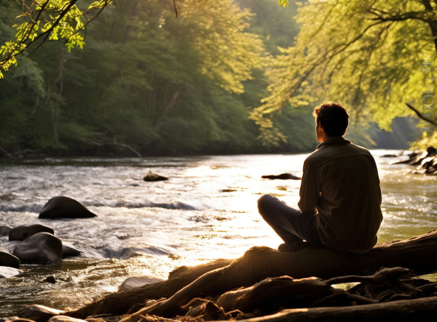 Woman Enjoying Nature Sounds by River