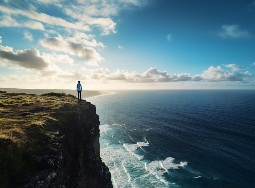 Person Stands on Cliff Overlooking Ocean