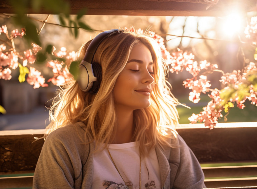 Woman Relaxes in Park with Headphones
