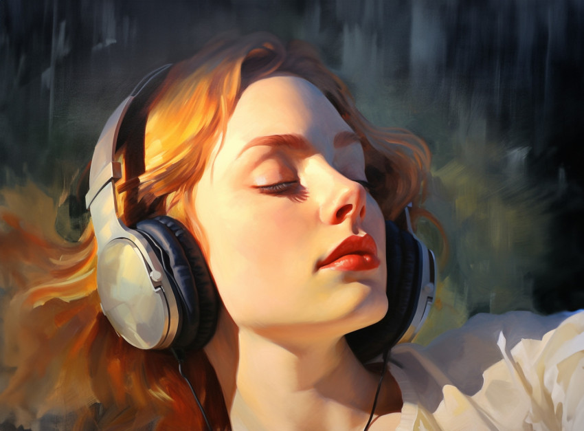 a close-up of a womans face as she listens to music