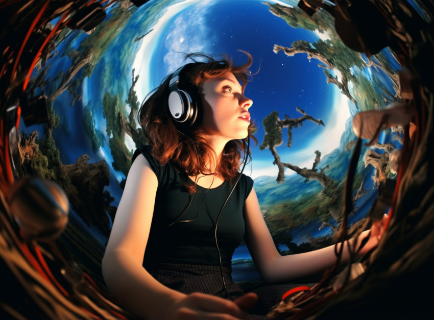 Fisheye Lens Captures Woman in Music Moment