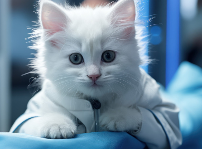 White kitten with care using blue gloves during a gentle checkup