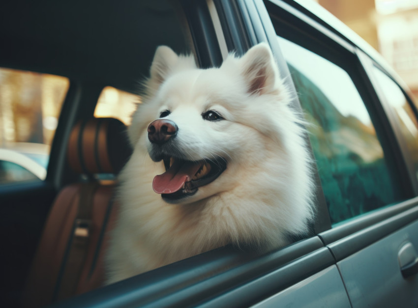 Curious dog peers out of car window during a ride