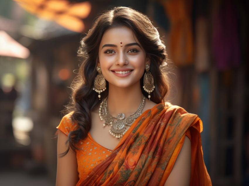 An indian girl wearing earrings posing with a smile in a vibrant sari for a delightful picture