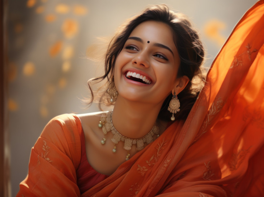 A woman in a brightly dyed orange sari showcasing pure joy as she smiles and laughs