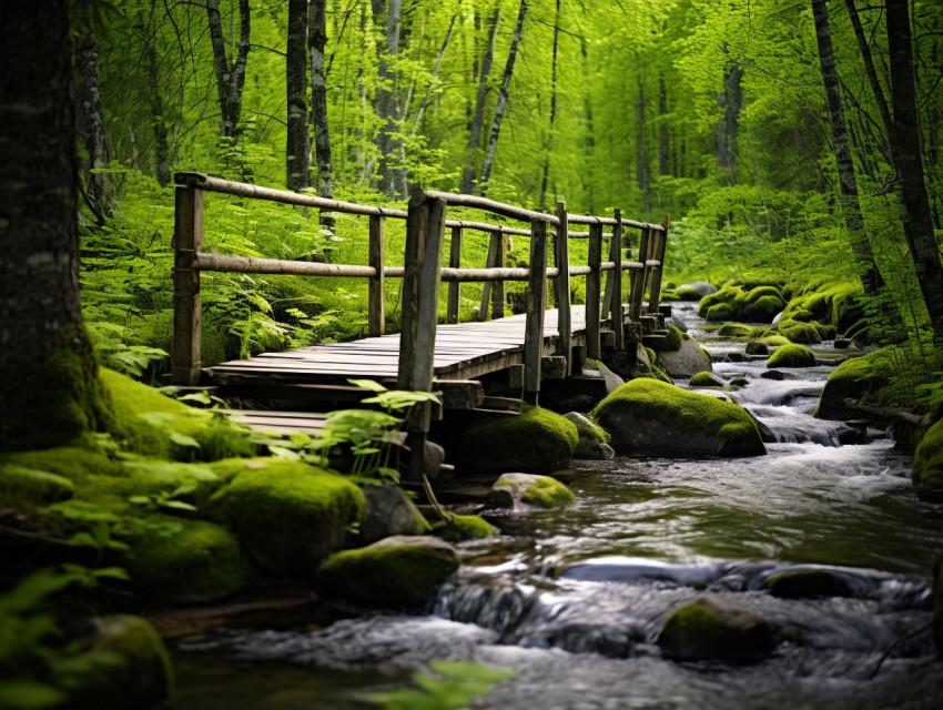 a wooden bridge spanning over a clear stream in the forest, natu