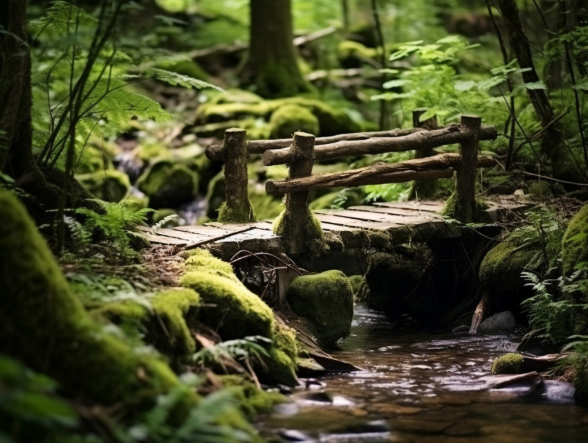 a wooden bridge spanning over a clear stream in the forest, natu