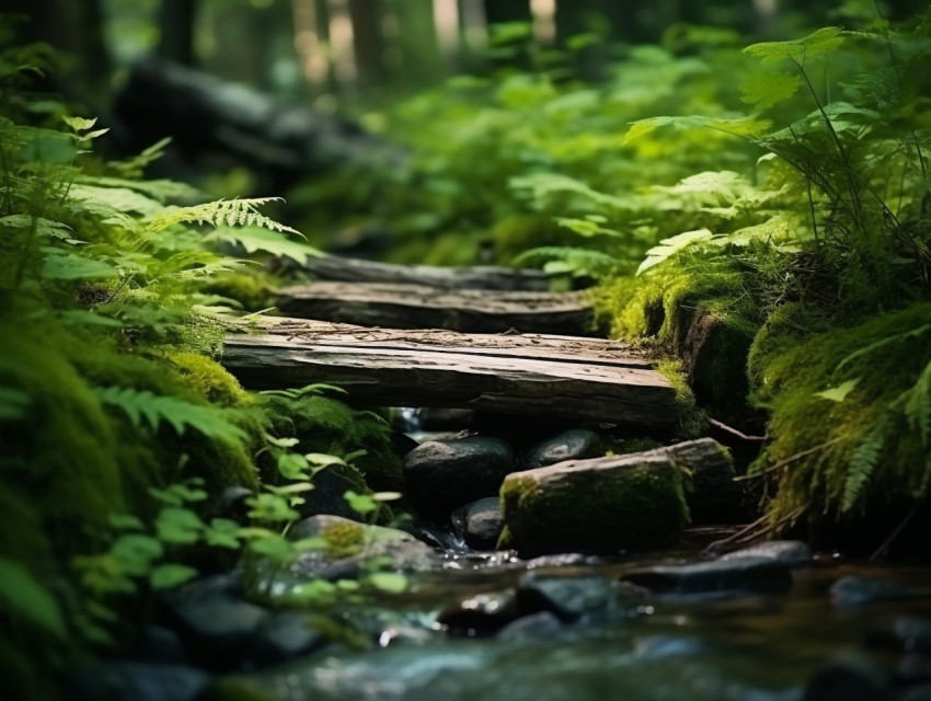 a wooden bridge spanning over a clear stream in the forest, natu