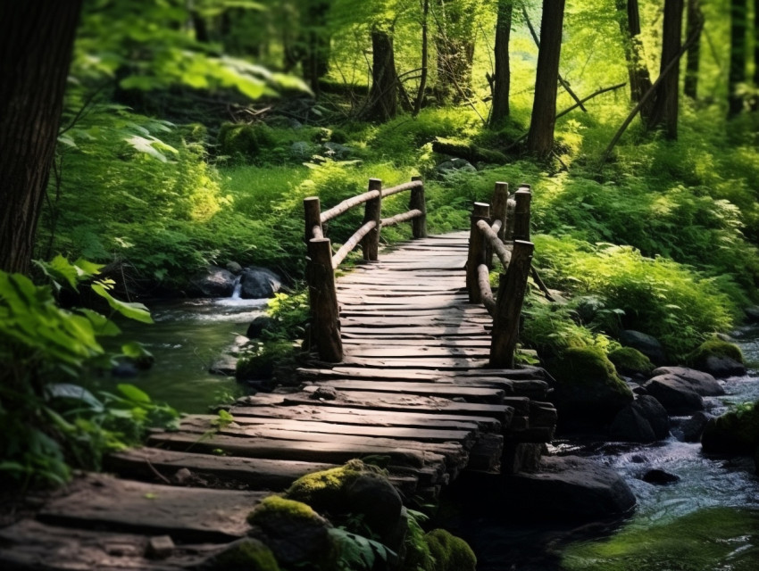 a wooden bridge spanning over a clear stream in the forest, natu